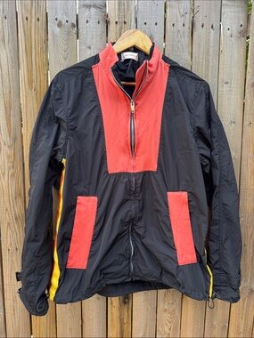 Wales Bonner Black Windbreaker with Red Panels and Yellow Stripes